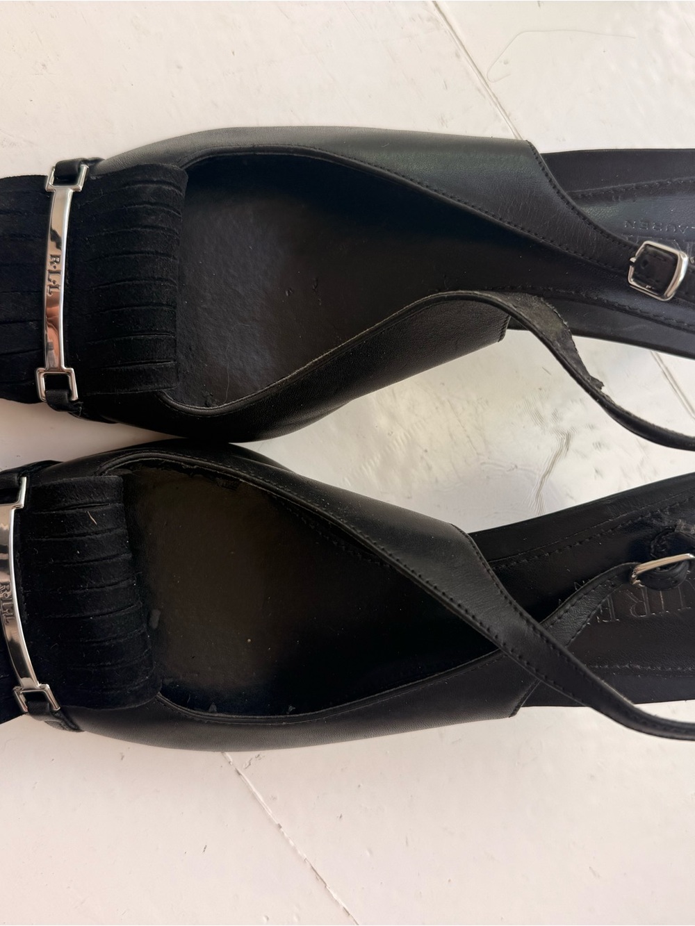 Ralph Lauren Black Leather Slingback Mules with Silver Buckle
